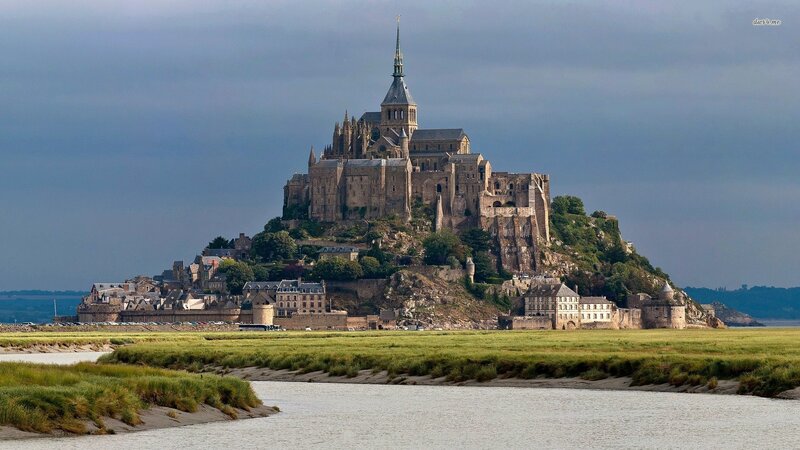 Mont Saint-Michel Abbey — Gray, Dramatic, Afternoon, Photograph, Castle