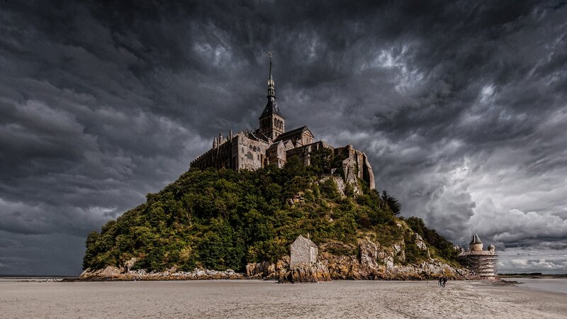 Mont Saint-Michel Abbey — Gray, Dramatic, Afternoon, Photograph