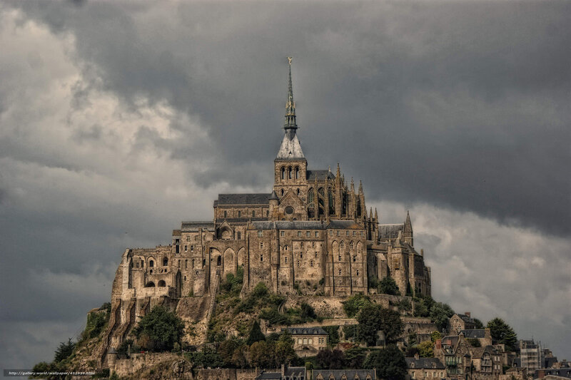 Mont Saint-Michel Abbey — Gray, Dramatic, Photograph, Clouds