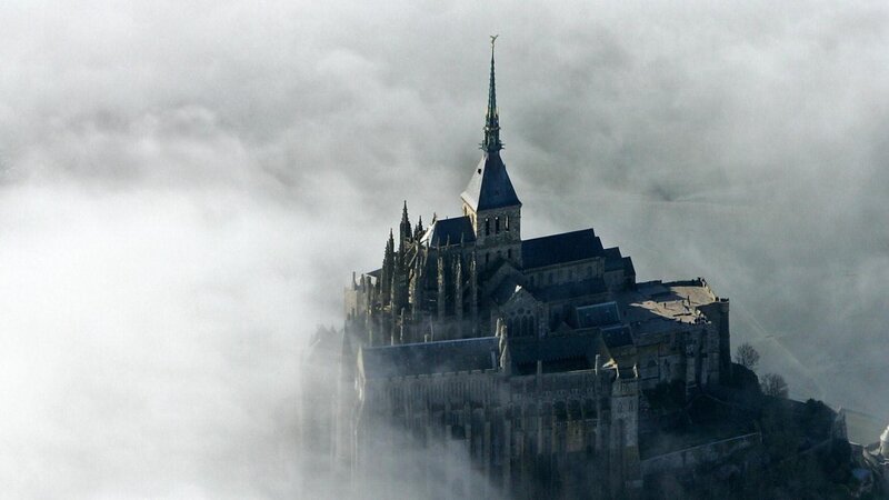 Mont Saint-Michel Abbey — Gray, Dramatic, Photograph