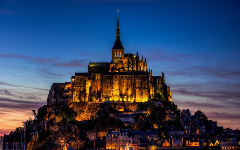 Mont Saint-Michel at Dusk — Blue, Dramatic, Sunset, Photograph, Castle, Spire