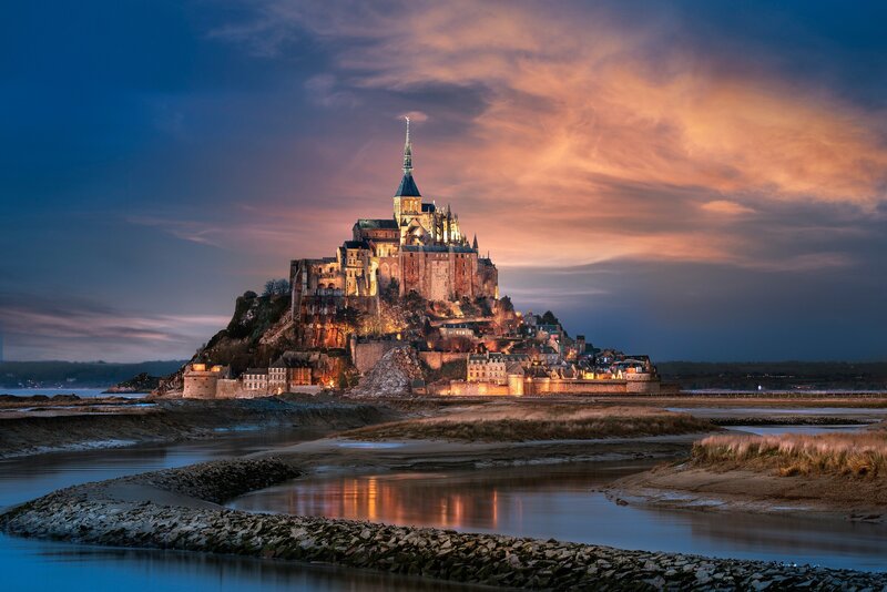 Mont Saint-Michel at Dusk — Blue, Dramatic, Sunset, Photograph