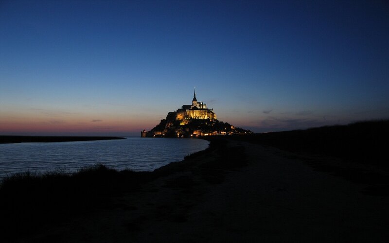 Mont Saint-Michel at Dusk — Blue, Serene, Night, Photograph, Castle, Sea