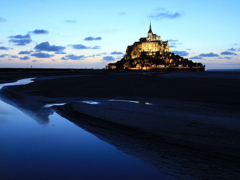 Mont Saint-Michel at Dusk — Blue, Serene, Night, Photograph, Castle
