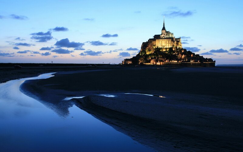 Mont Saint-Michel at Dusk — Blue, Serene, Night, Photograph
