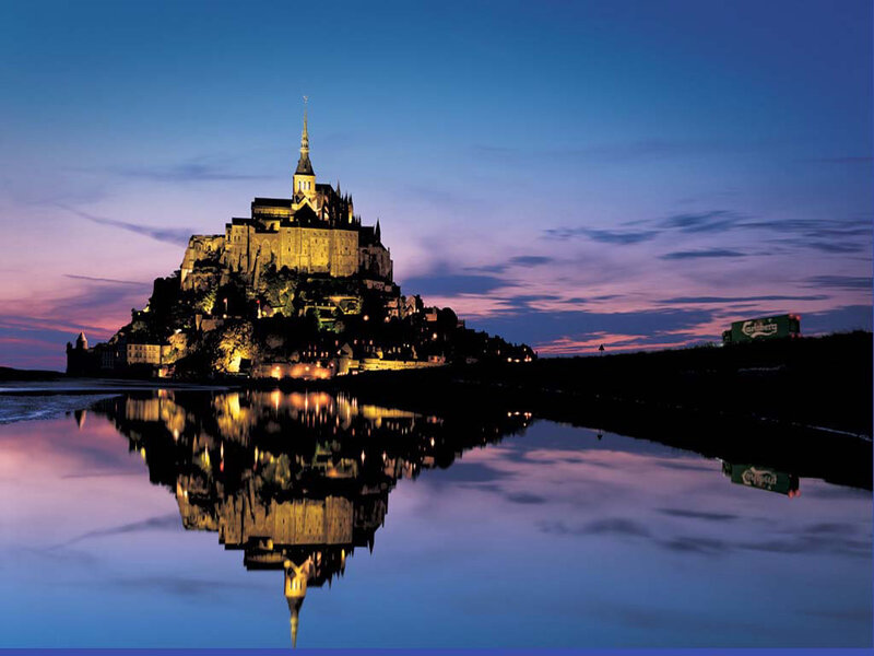 Mont Saint-Michel at Dusk — Blue, Serene, Sunset, Photograph, Castle, Reflection