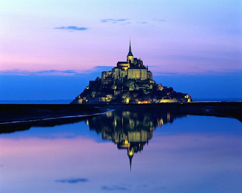 Mont Saint-Michel at Dusk — Blue, Serene, Sunset, Photograph, Castle