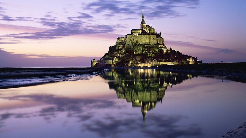 Mont Saint-Michel at Dusk — Purple, Serene, Sunset, Photograph, Castle, Reflection