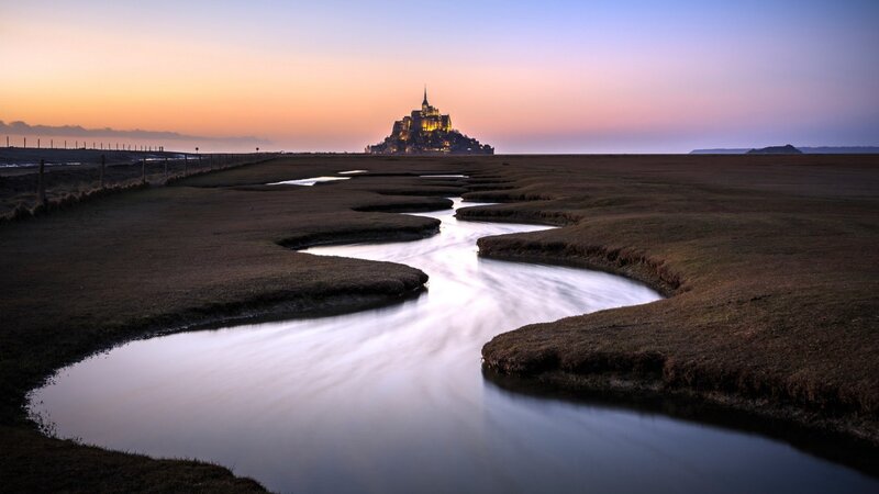 Mont Saint-Michel at Dusk — Purple, Serene, Sunset, Photograph, River