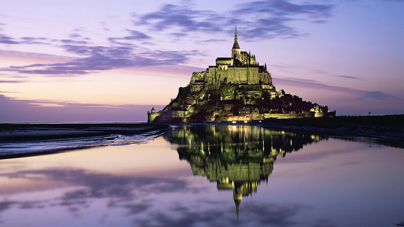 Mont Saint-Michel at Dusk — Purple, Serene, Sunset, Photograph