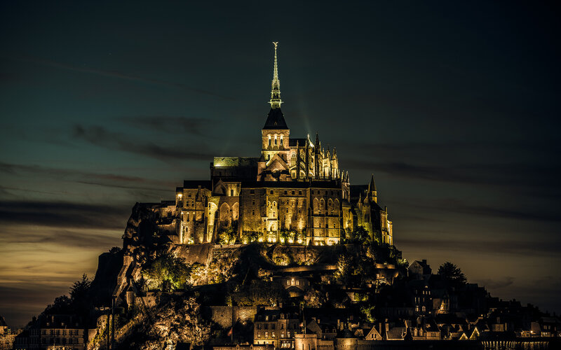Mont Saint-Michel at Night — Black, Dramatic, Photograph, Castle