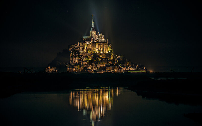 Mont Saint-Michel at Night — Black, Dramatic, Photograph