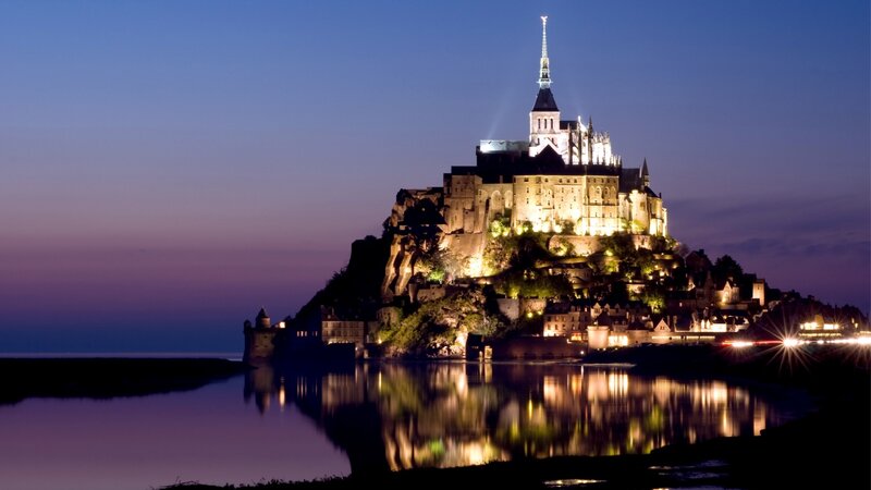 Mont Saint-Michel at Night — Blue, Serene, Photograph, Castle, Church, Water, Purple