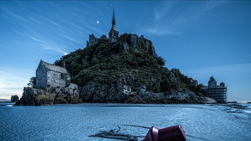 Mont Saint-Michel at Night — Blue, Serene, Photograph, Church