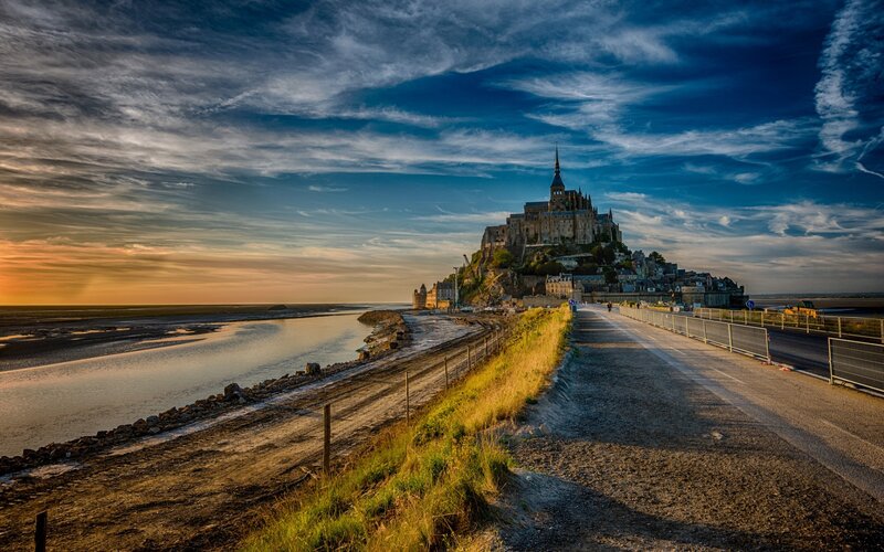Mont Saint-Michel at Sunset — Blue, Dramatic, Photograph, Castle