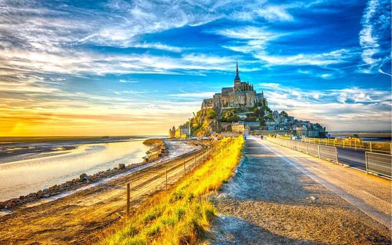 Mont Saint-Michel at Sunset — Blue, Dramatic, Photograph
