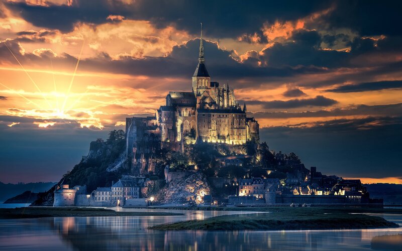 Mont Saint-Michel at Sunset — Orange, Dramatic, Photograph
