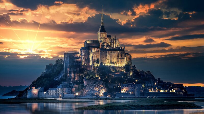 Mont Saint-Michel at Sunset — Orange, Dramatic