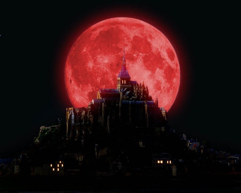Mont Saint-Michel under red moon