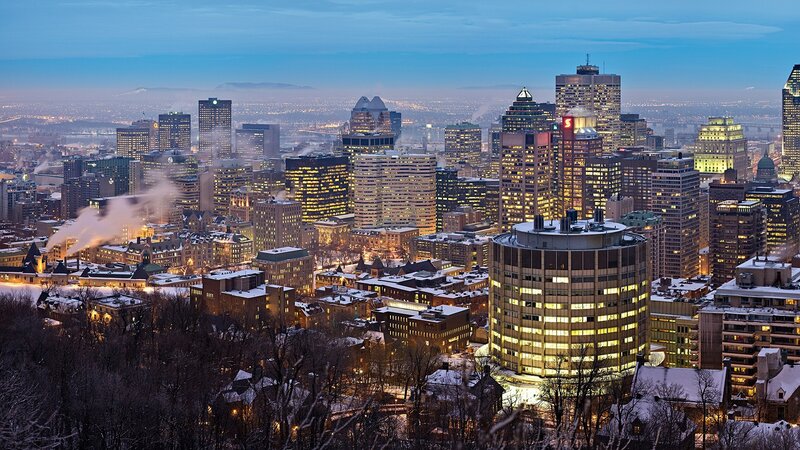 Montreal City Skyline — Blue, Dramatic, Night, Photograph, Skyscrapers, Snow