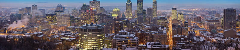 Montreal City Skyline — Blue, Dramatic, Winter, Photograph, Buildings, Snow