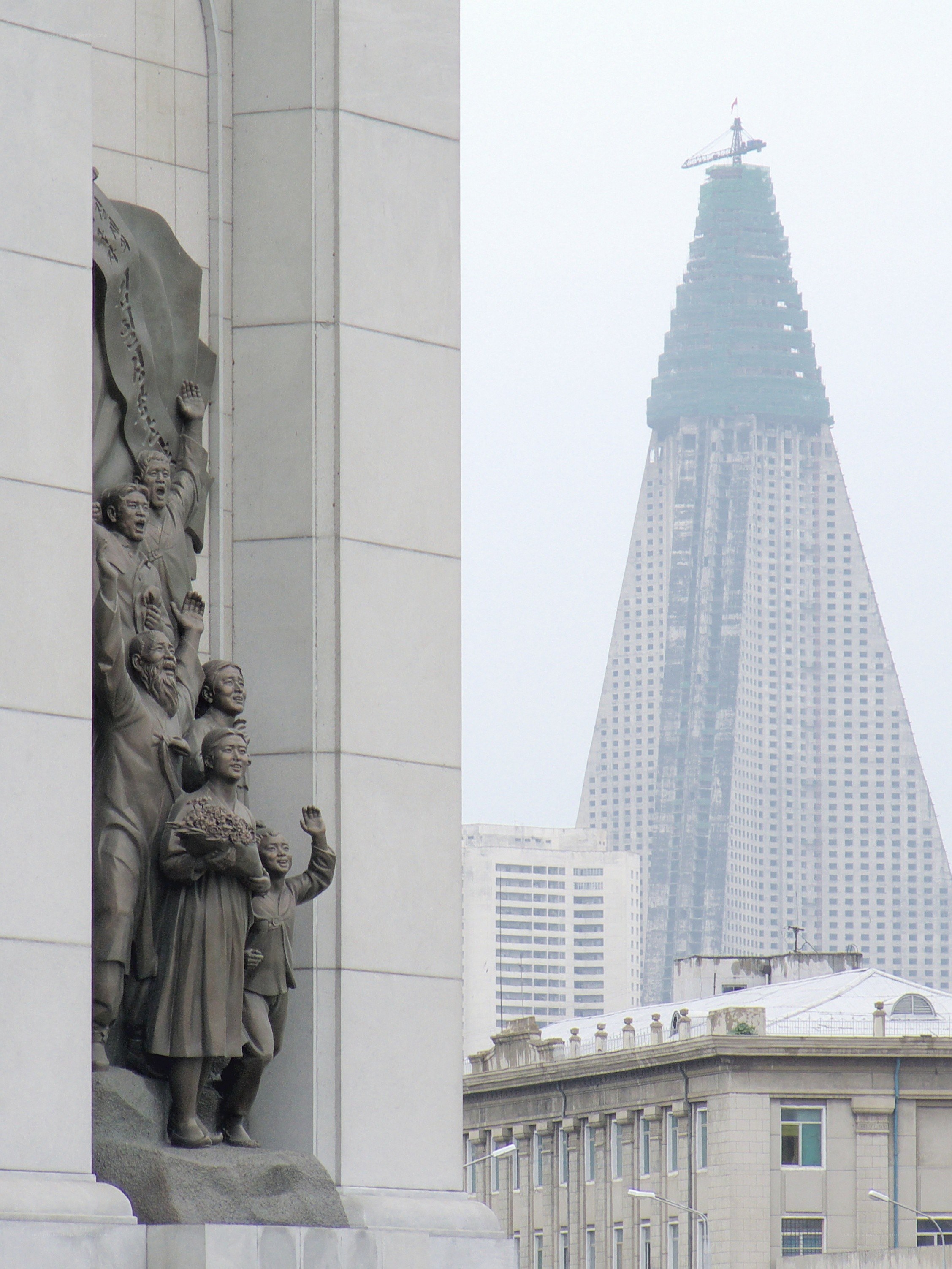 Monument and skyscraper in Pyongyang