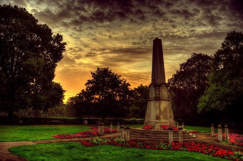 Monument in Park — Green, Dramatic