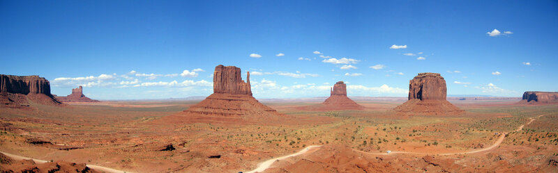Monument Valley Buttes — Blue, Serene, Afternoon, Photograph, Desert, Sky, Dirt Road