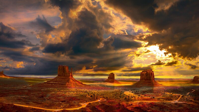 Monument Valley Buttes — Orange, Dramatic, Sunset, Photograph, Clouds
