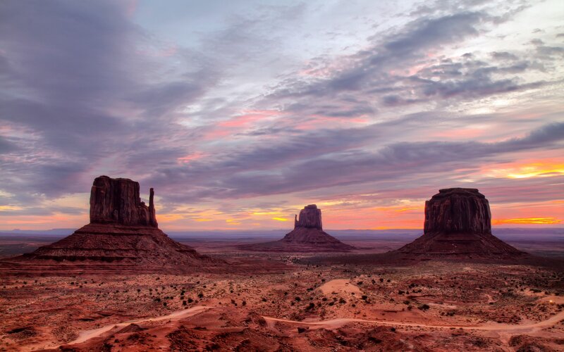 Monument Valley Buttes — Orange, Dramatic, Sunset, Photograph, Desert, Sky, Clouds, Purple