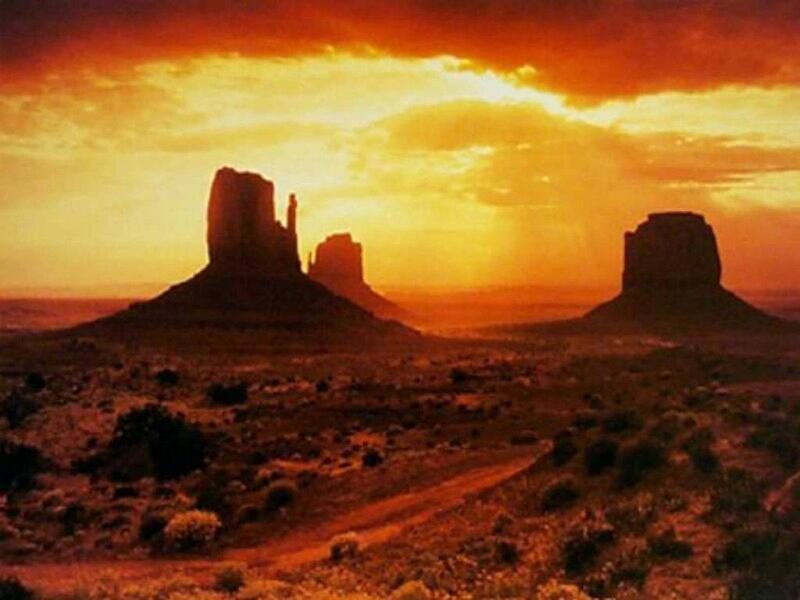 Monument Valley Buttes — Orange, Dramatic, Sunset, Photograph, Desert, Sky, Road