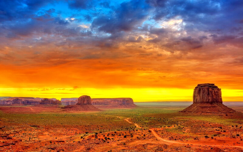 Monument Valley Buttes — Orange, Dramatic, Sunset, Photograph, Desert, Sky