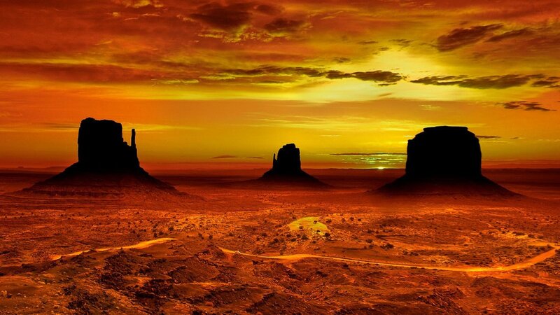 Monument Valley Buttes — Orange, Dramatic, Sunset, Photograph, Desert