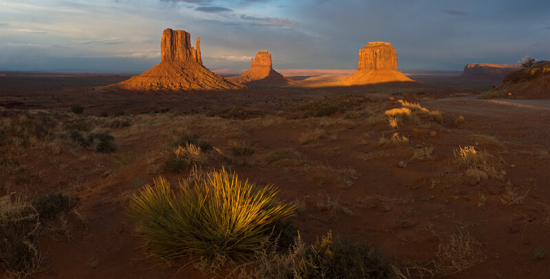 Monument Valley Buttes — Red, Dramatic, Sunset, Photograph, Desert, Sky, Vegetation