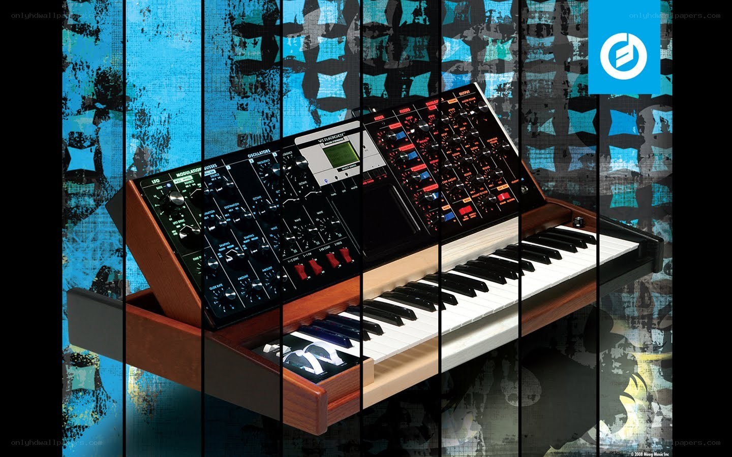 Moog synthesizer on blue background