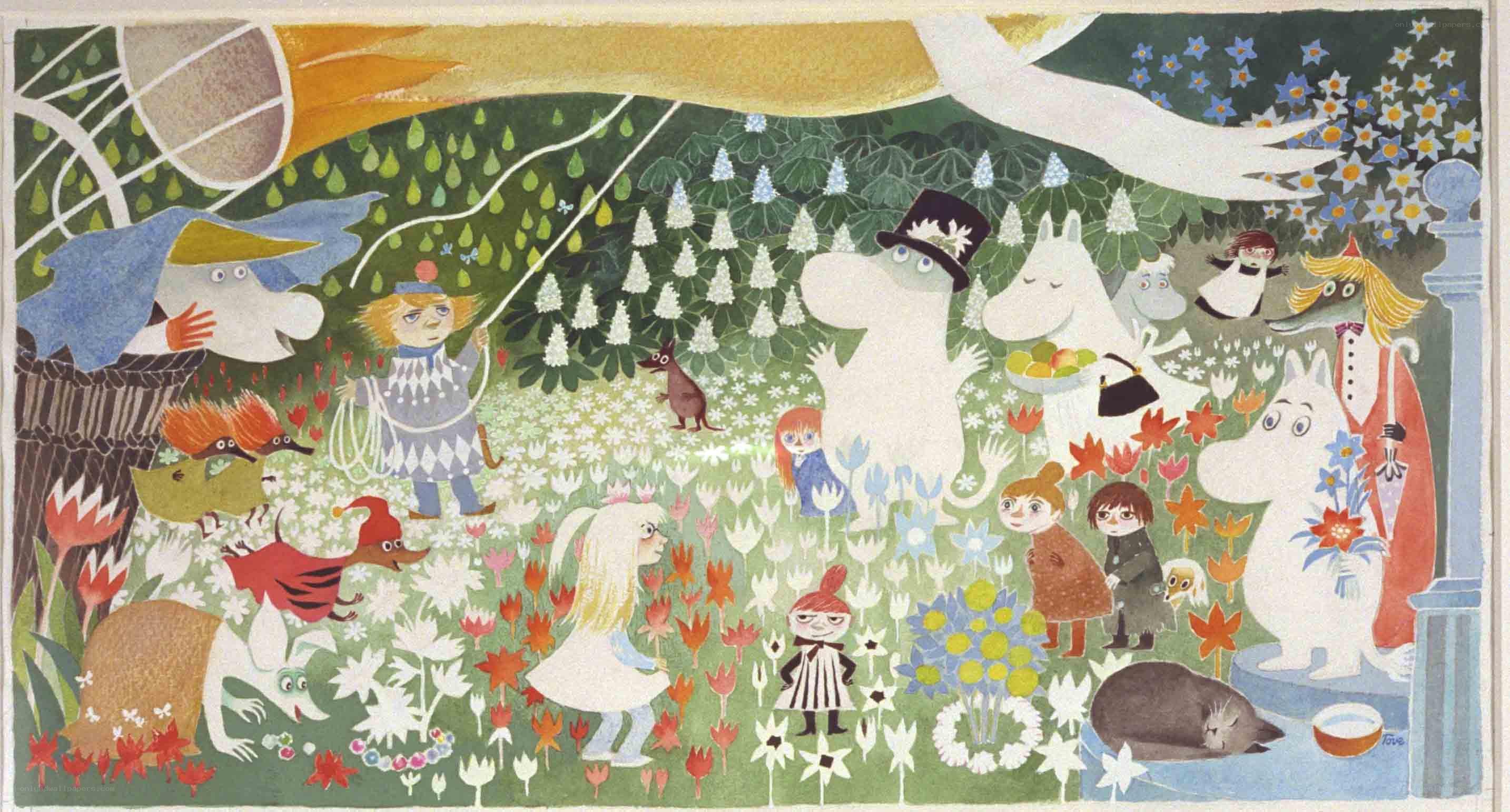 Moomin characters in a garden