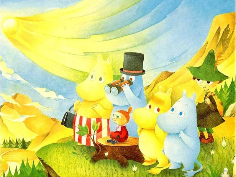 Moomin characters in a sunny landscape