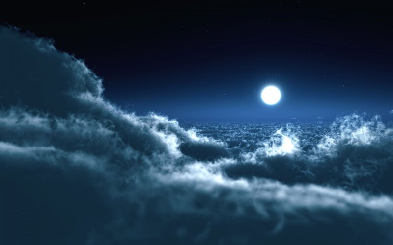 Moon Above Clouds — Blue, Serene, Night, Digital Art, Stars