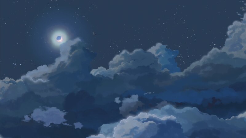 Moon and Clouds at Night — Blue, Serene, Anime
