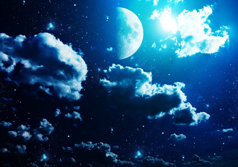Moon and Clouds at Night — Blue, Serene, Digital Art