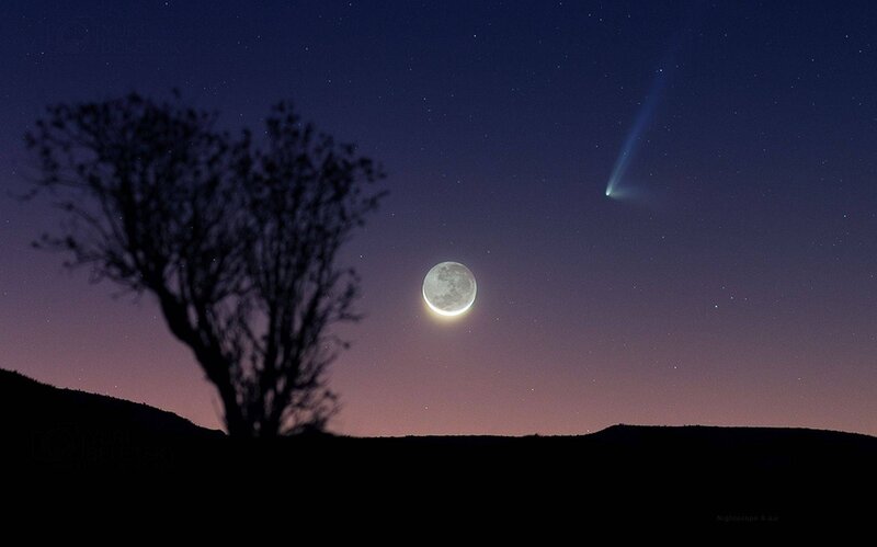 Moon and Comet in Night Sky