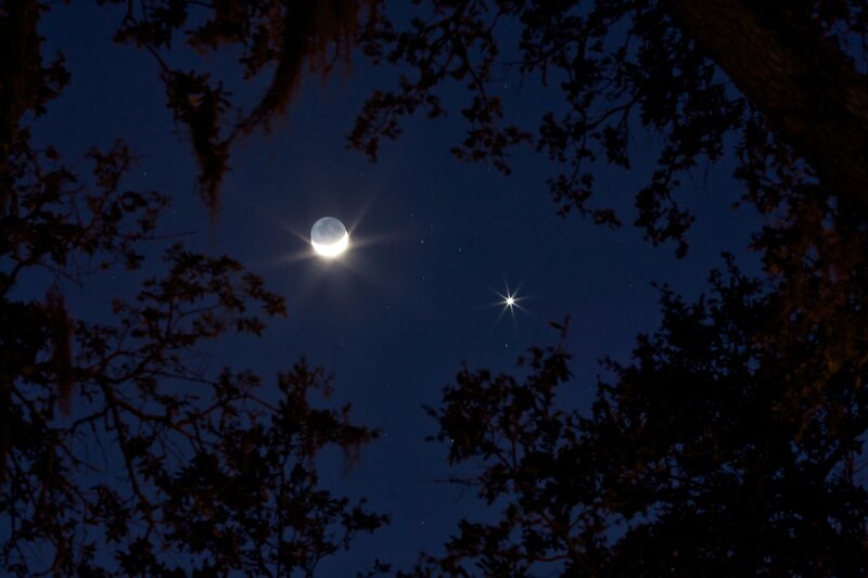 Moon and Star in Night Sky