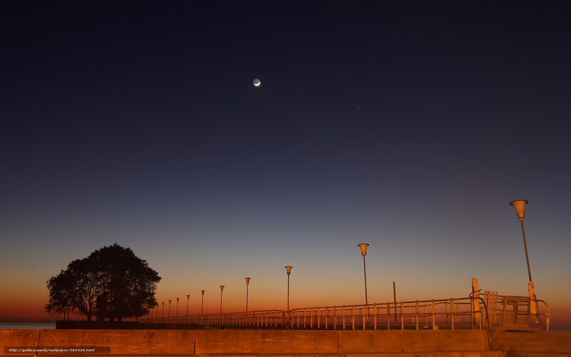 Moon and stars over a pier