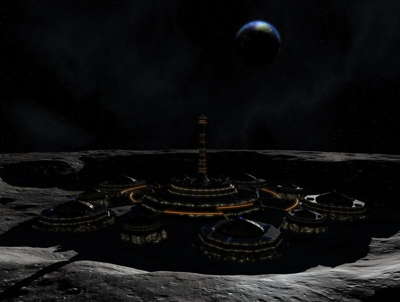 Moon Base on Lunar Surface — Black, Dramatic, Night