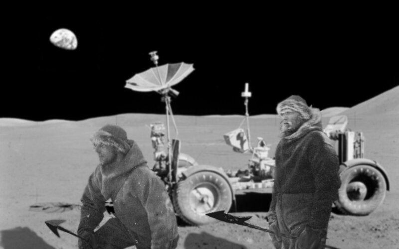 Moon base scene with astronauts