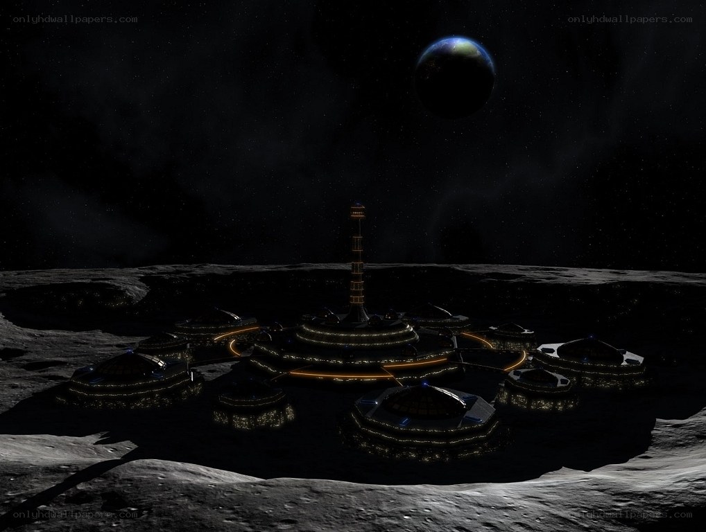 Moon base with Earth in sky
