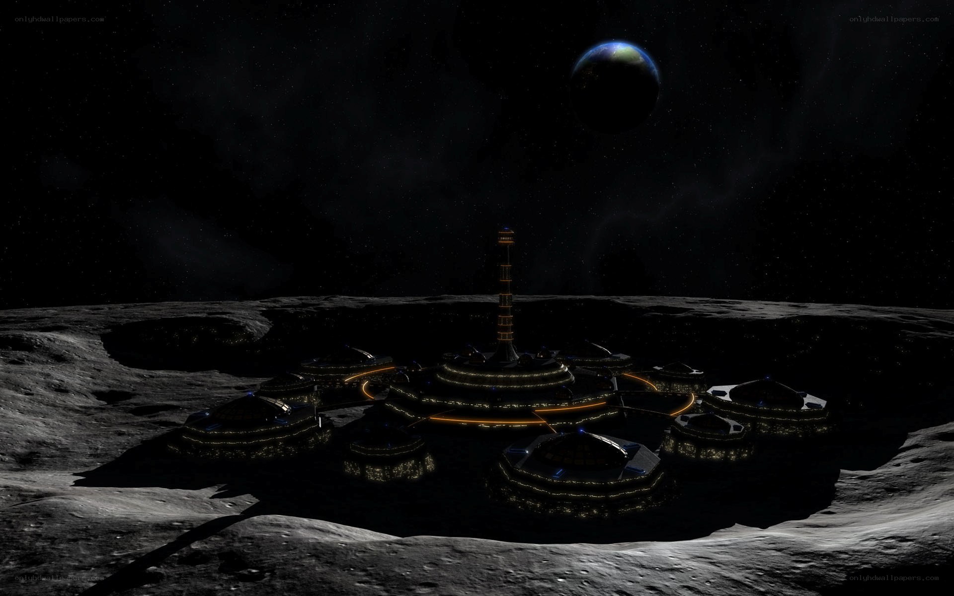 Moon base with Earth in sky