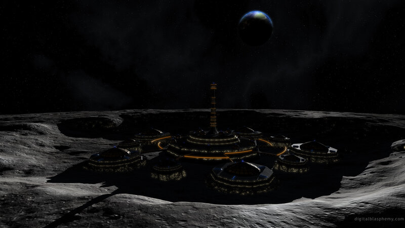 Moon base with planet in sky