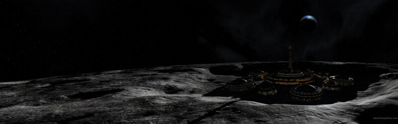 Moon base with planet in sky