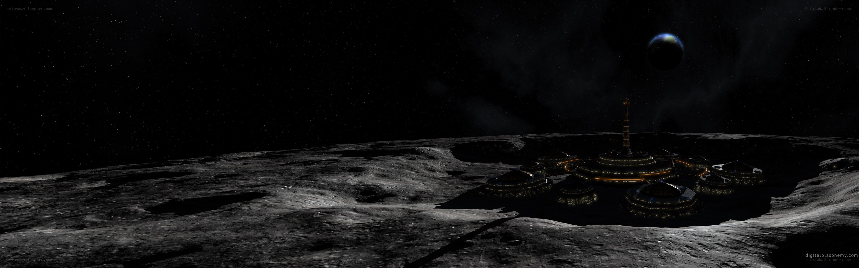 Moon base with planet in sky